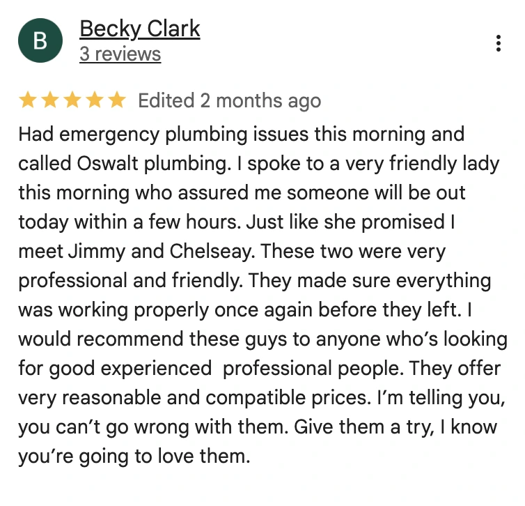 Oswalt's Sewer Rooter & Plumbing Repair customer review