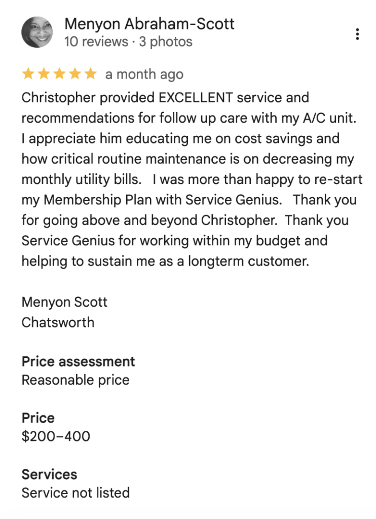 Service Genius Air Conditioning and Heating Customer Reviews