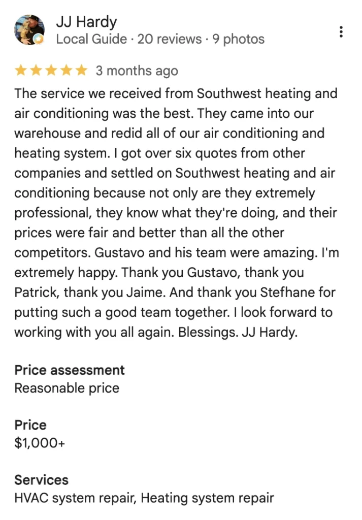 Southwest Heating & Air Conditioning Customer Reviews