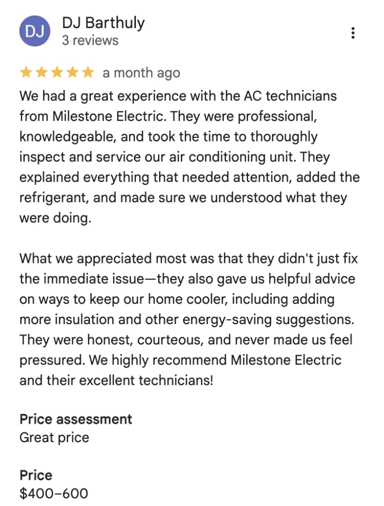 Milestone Electric, A/C, & Plumbing Customer Reviews