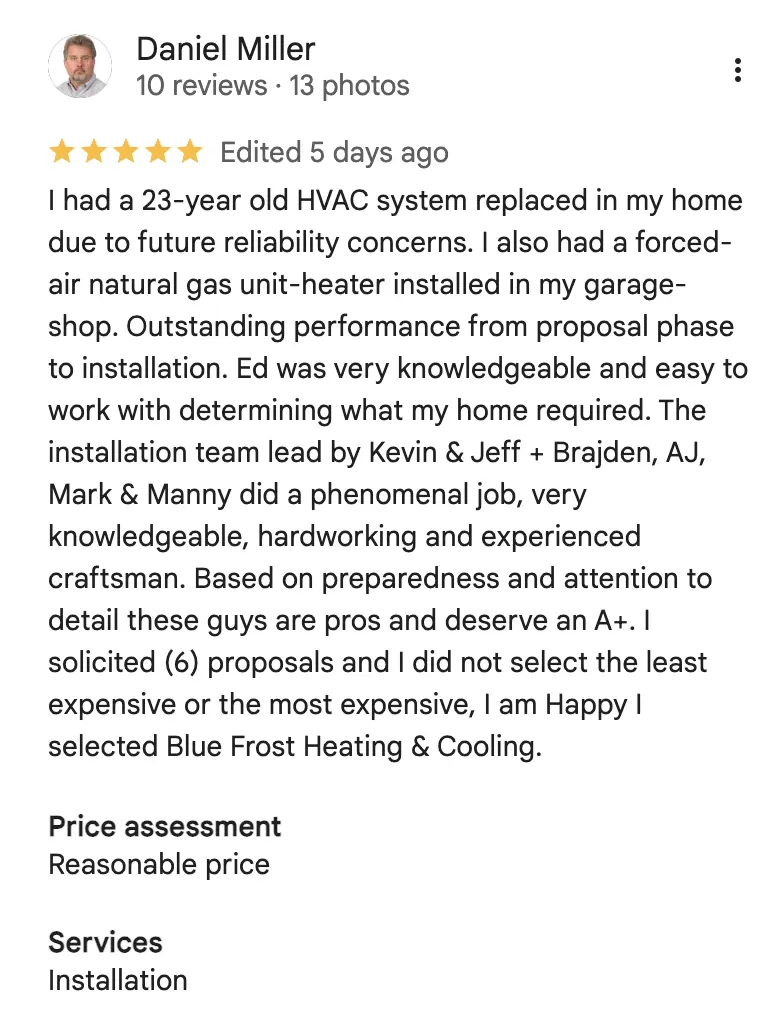 Blue Frost Heating, Cooling & Plumbing Customer Review