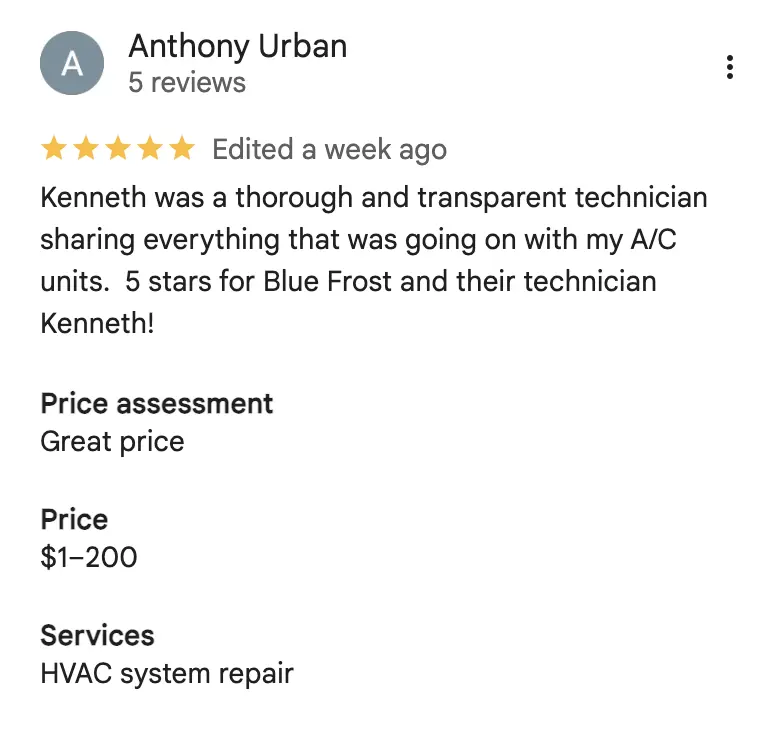 Blue Frost Heating, Cooling & Plumbing Customer Review