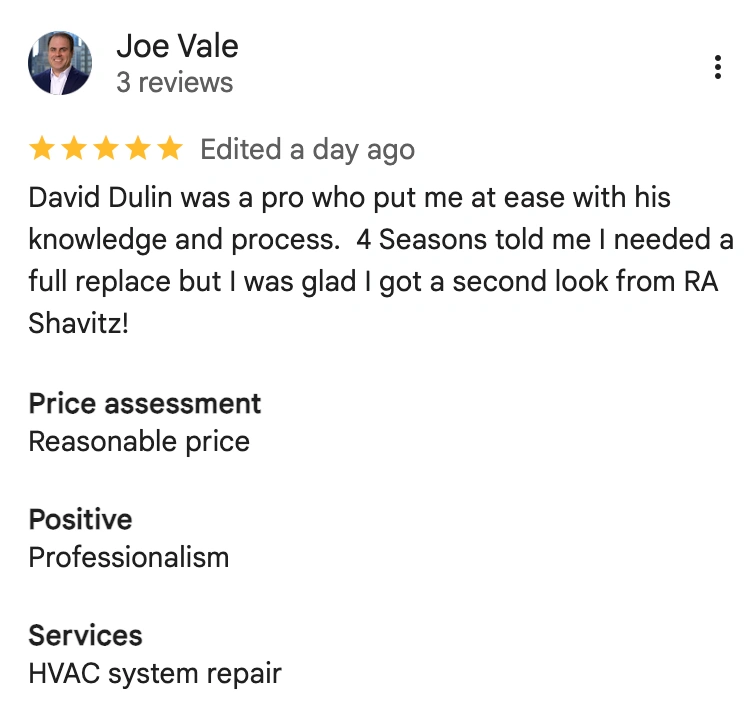 Shavitz Heating and Air Conditioning Customer Review