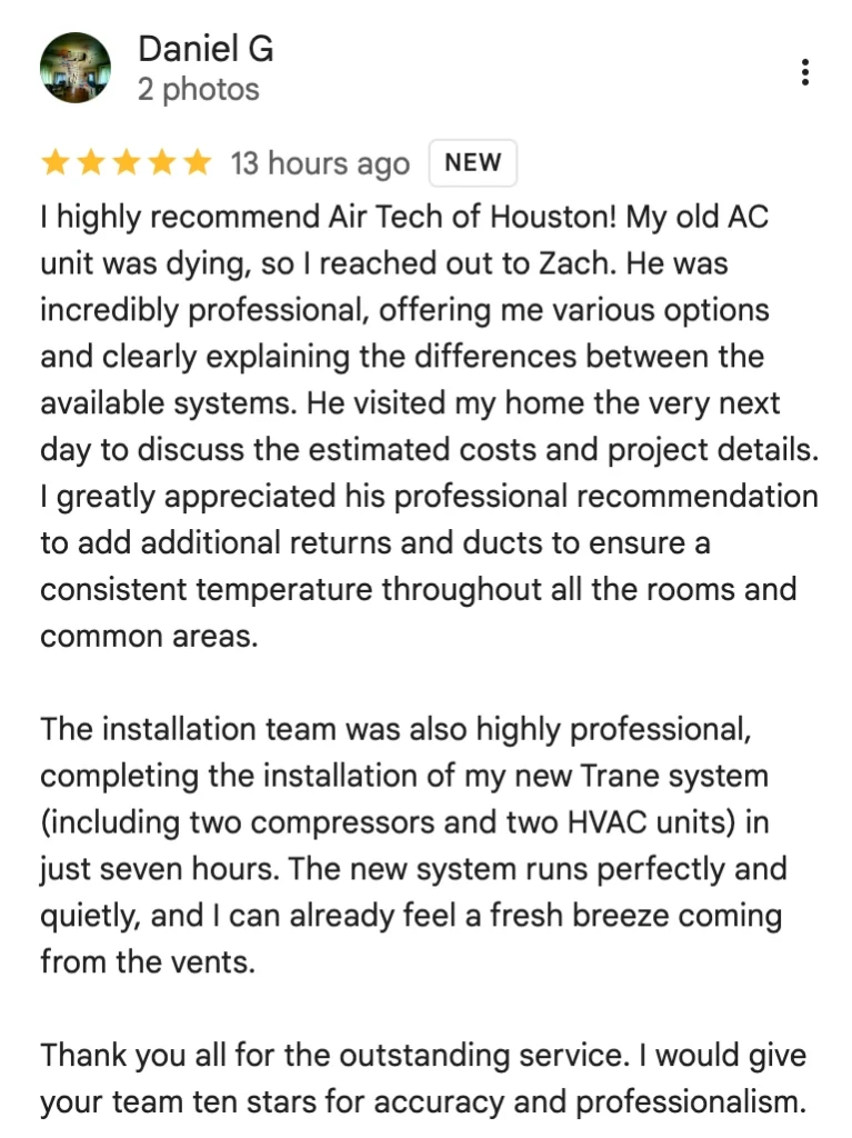 Air Tech of Houston AC & Plumbing Customer Review