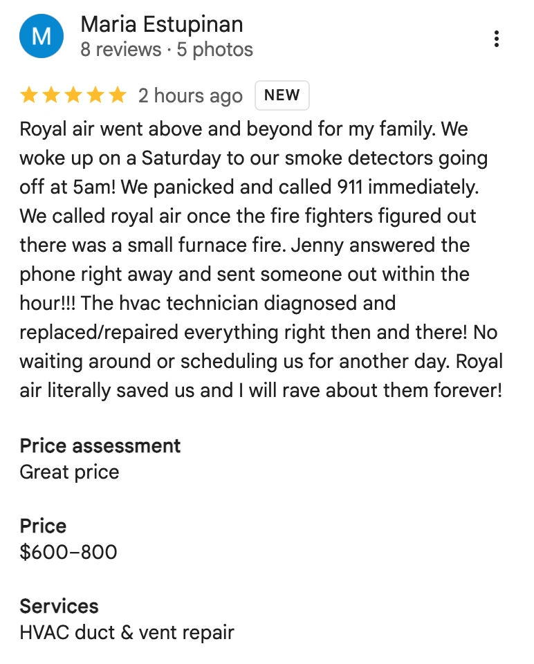Royal Air Houston Customer review