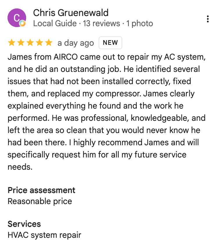 AirCo Air Conditioning, Heating and Plumbing Customer Review