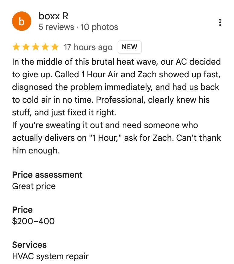 One Hour Air Conditioning & Heating Customer Review
