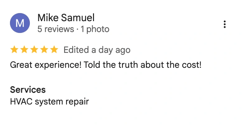 One Hour Air Conditioning & Heating Customer Review