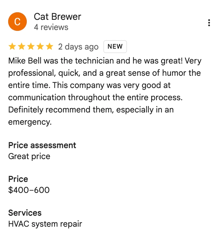 One Hour Air Conditioning & Heating Customer Review