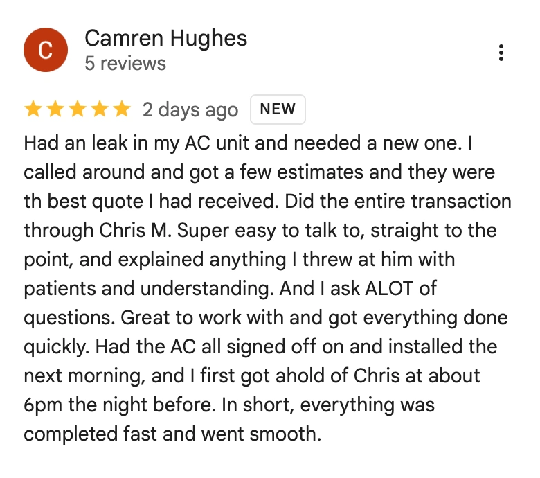One Hour Air Conditioning & Heating Customer Review