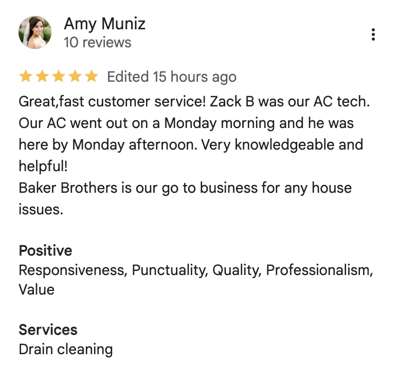 Baker Brothers Plumbing, Air & Electric Customer Review